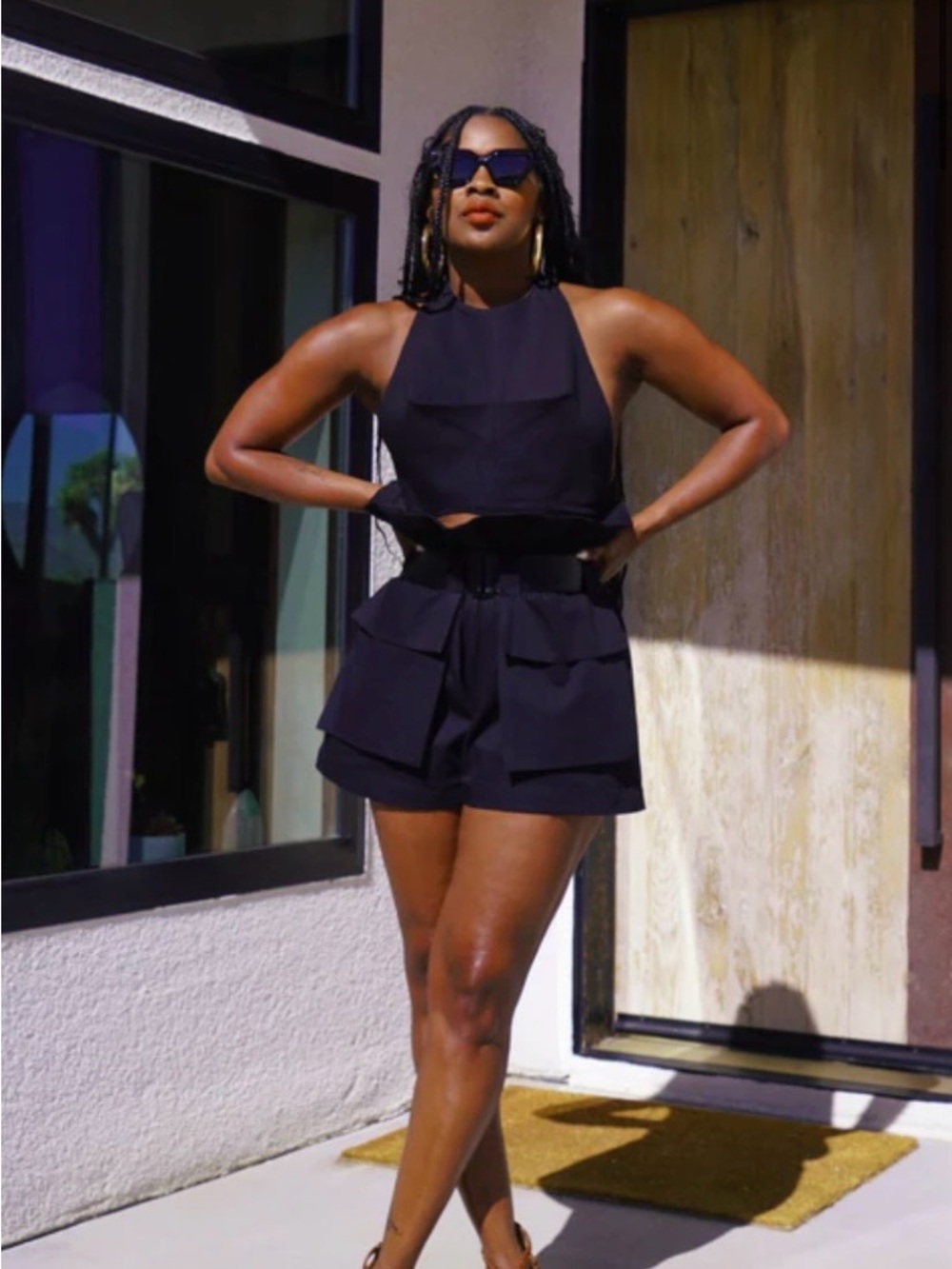 100% Denim Sleek High-Waist Black Utility Shorts with Belt (Designer)